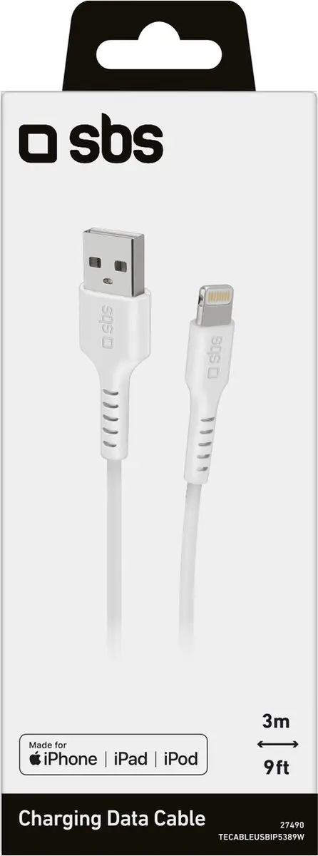SBS TECABLEUSBIP5389W USB-kabel - 3m - Lightning - Wit - afbeelding 2 van 2