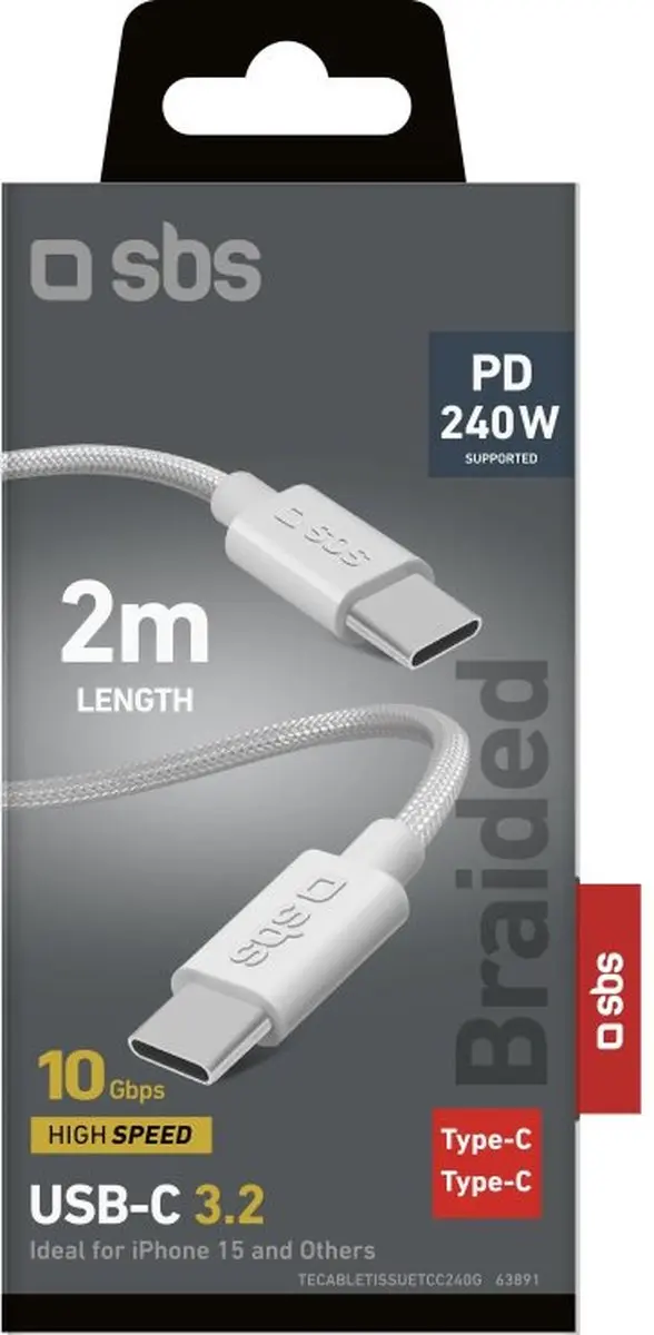 SBS TECABLETISSUETCC240G USB-C Kabel 2m - Grijs - afbeelding 2 van 2