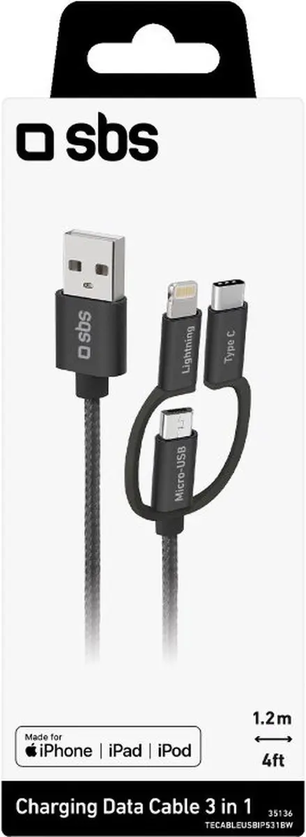 SBS TECABLEUSBIP531BW USB-kabel 1,2m - USB A naar Micro-USB A - Zwart - afbeelding 2 van 2