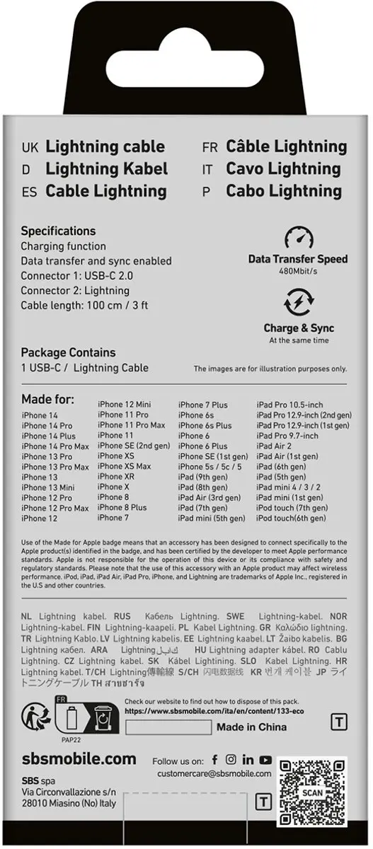 SBS Lightning naar Type C Kabel MFi 1m - Transparant - afbeelding 4 van 6