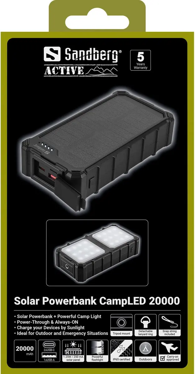 Sandberg Solar Powerbank CampLED 20000 20000mAh - 15W - Zwart - afbeelding 2 van 6