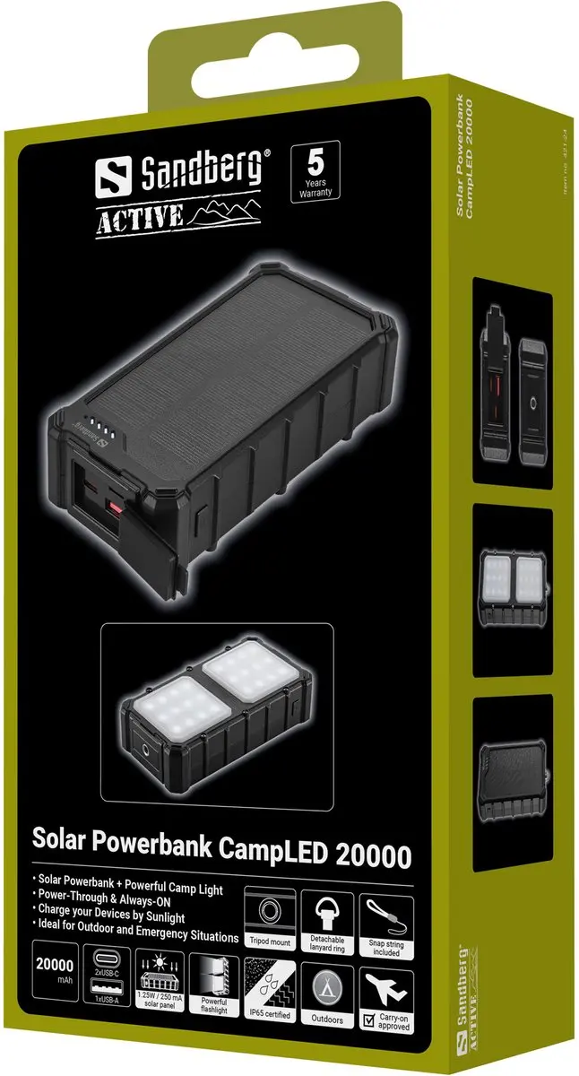 Sandberg Solar Powerbank CampLED 20000 20000mAh - 15W - Zwart - afbeelding 5 van 6