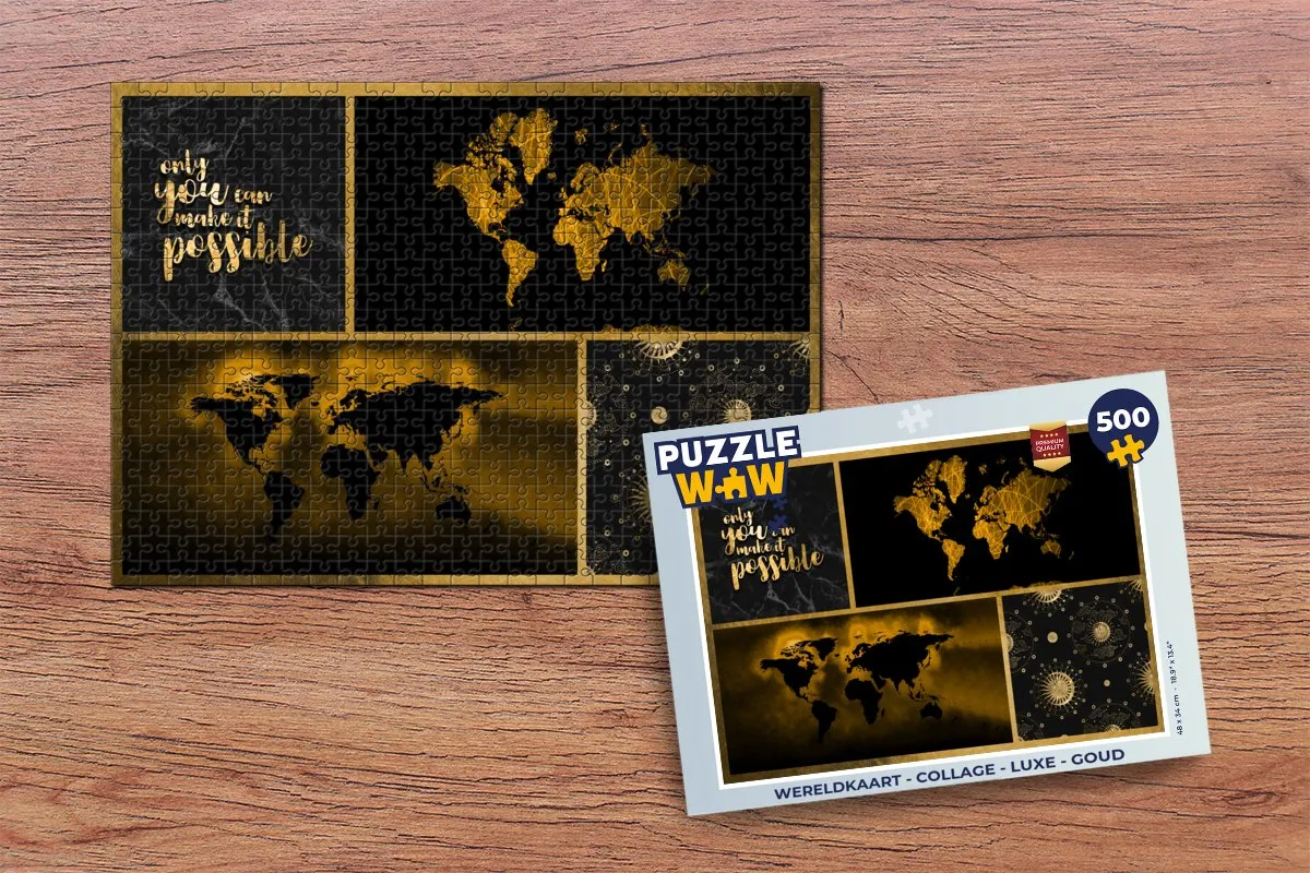 PuzzleWow Wereldkaart Collage Luxe Legpuzzel 500 Stuks - Goud