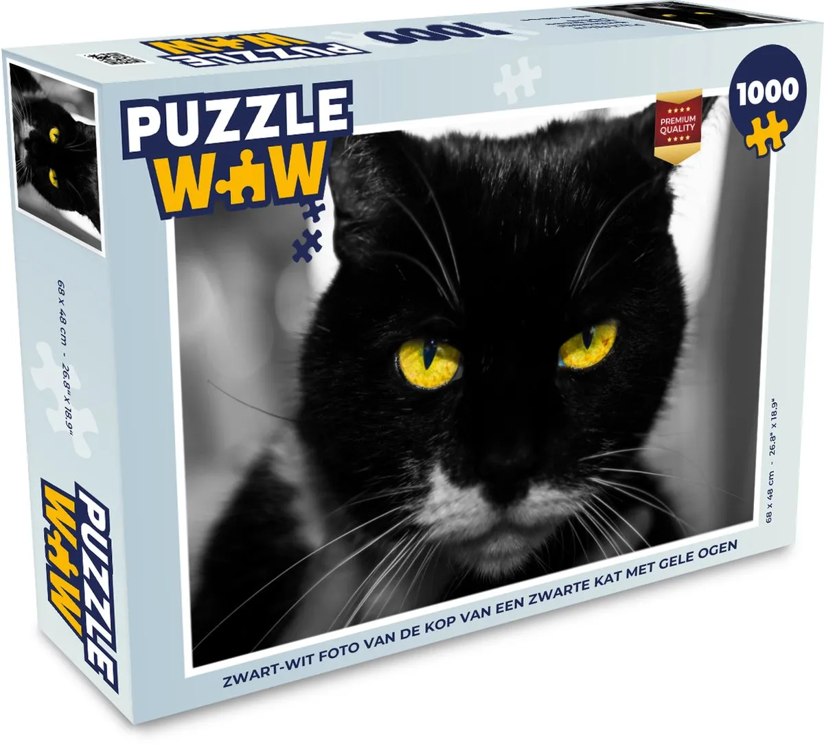 PuzzleWow Legpuzzel 1000 Stuks - Zwart-wit Kattenkop - Multicolor