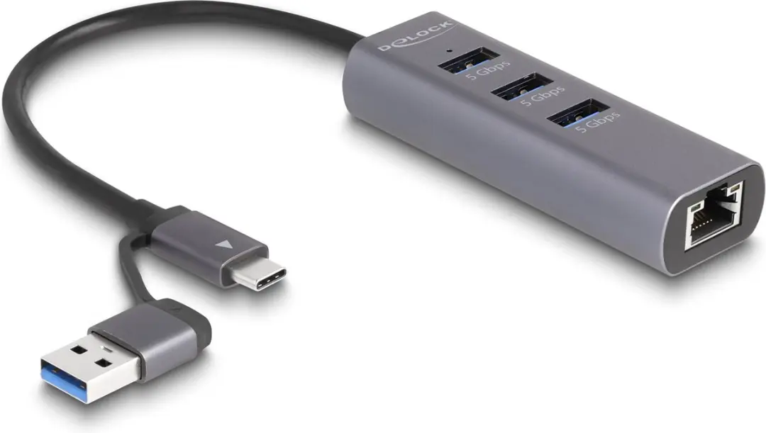 Delock 3 Port USB 5 Gbps Hub + Gigabit LAN with USB Type-C™ or USB Type-A conn