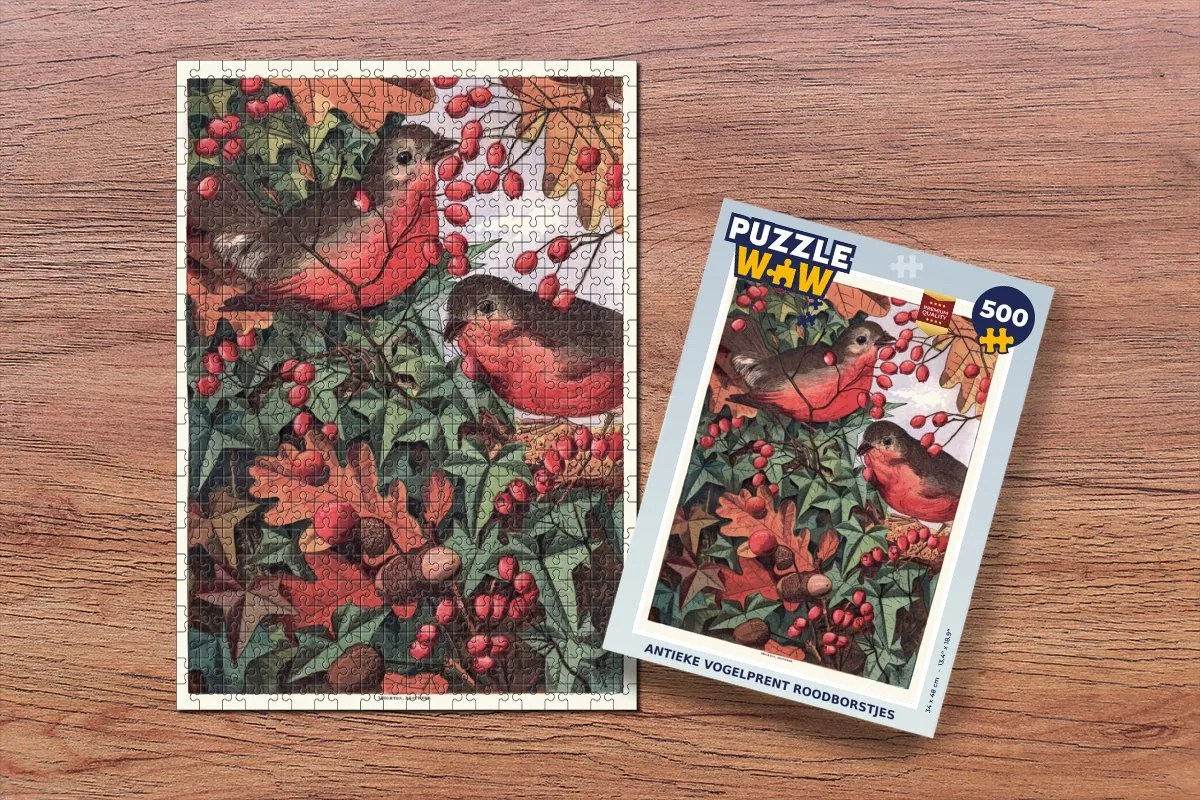 PuzzleWow Antieke Vogelprent Roodborstjes Legpuzzel 500 Stuks - Multicolor