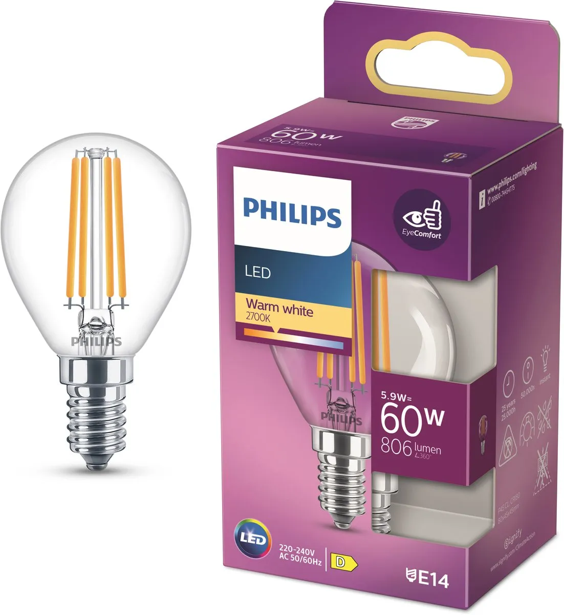 Philips LED Kogellamp E14 6,5W Warmwit