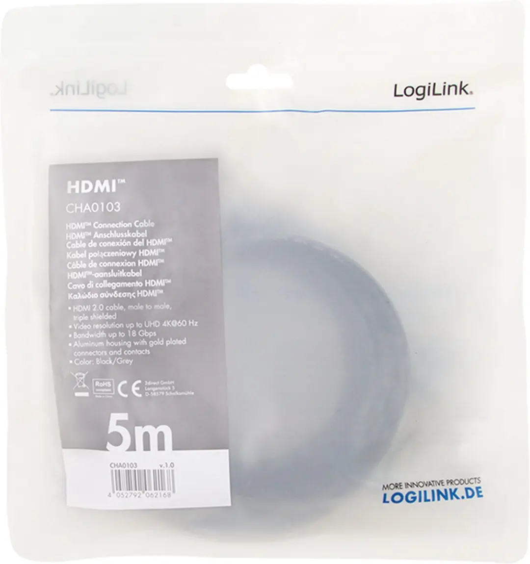 Logilink HDMI Aansluitkabel 5m - Zwart/grijs - afbeelding 3 van 6