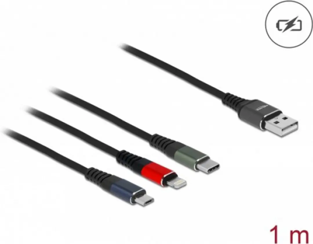 Delock USB 3-in-1 Oplaadkabel 1m - Type-A/Lightning/Micro USB/USB-C - afbeelding 2 van 2