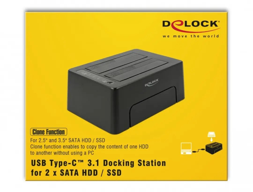 Delock USB-C 3.1 Docking Station 63957 - 2x SATA HDD/SSD - Clonefunctie - Zwart - afbeelding 2 van 6