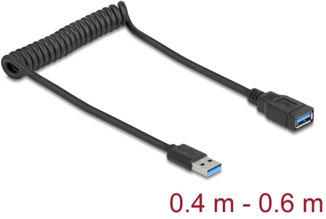 Delock USB 5 Gbps Coiled Cable Type-A male to Type-A female 0.4 to 0.6 m black
