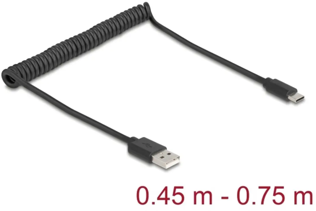Delock USB 2.0 Coiled Cable USB Type-A male to USB Type-C™ male 0.45 m to 0.75