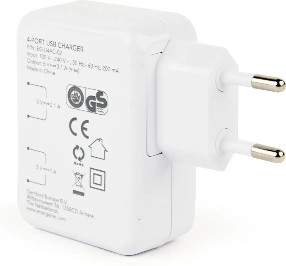 Gembird EG-U4AC-02 4-poorts USB-lader - 15W - Wit - afbeelding 4 van 6