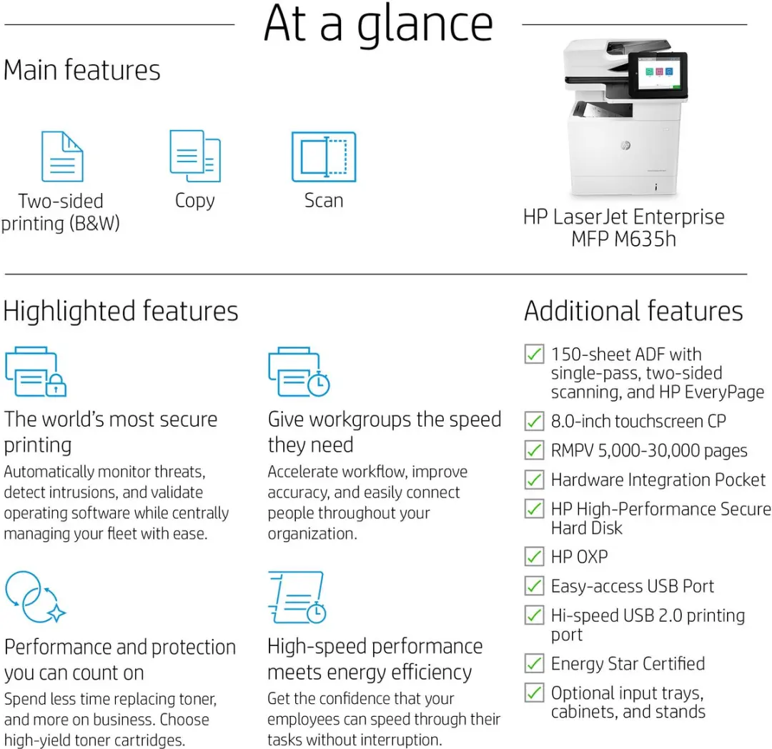 HP LaserJet Enterprise M635h MFP - 650 Vel Zwart/Wit - afbeelding 4 van 6