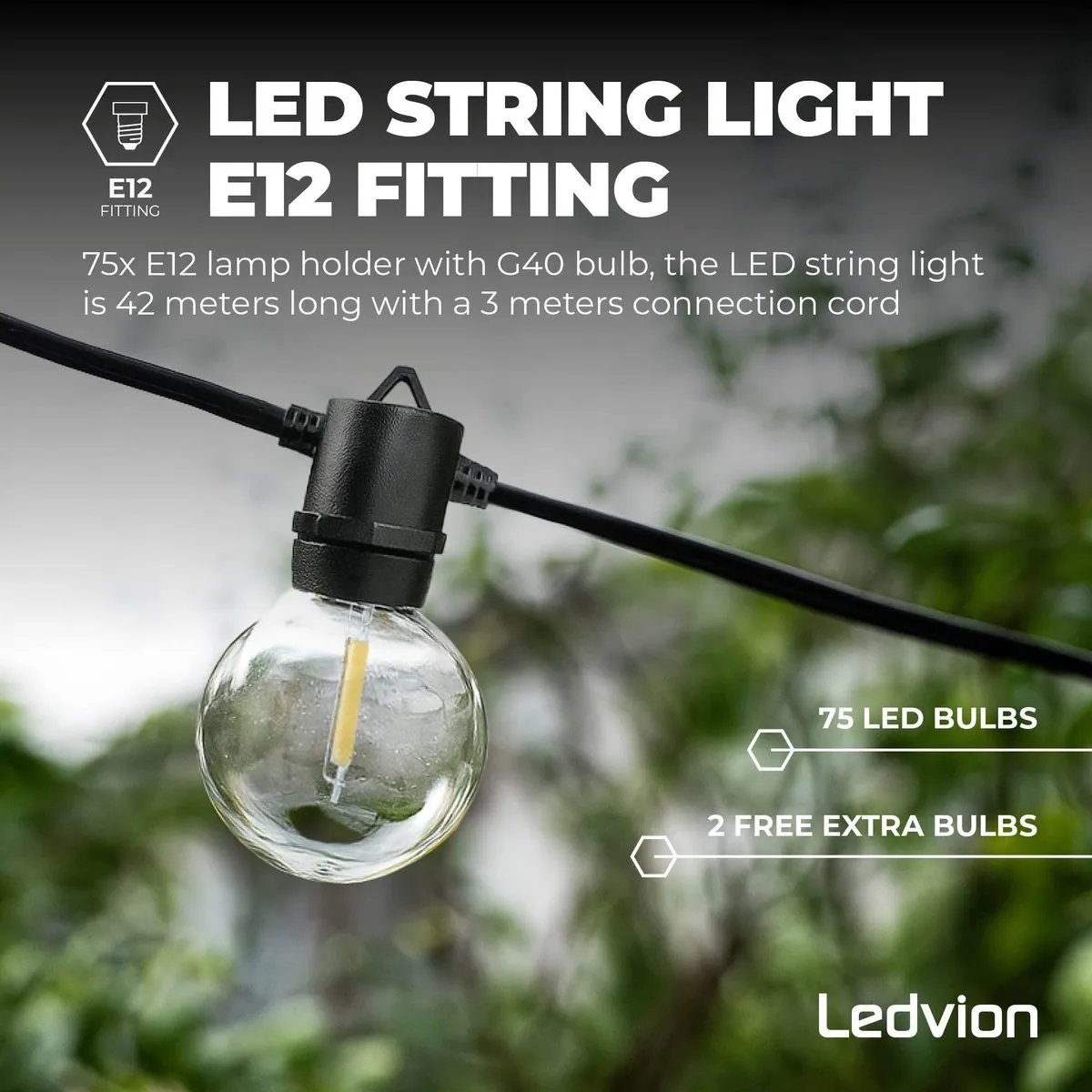 LEDVION Lichtsnoer 42m Dimbaar 75x E12 - 22.5W Warm Wit