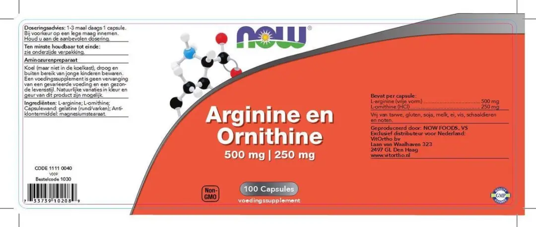 Now Foods Arginine & Ornithine 500/250mg Capsules - 100 Stuks - afbeelding 2 van 6