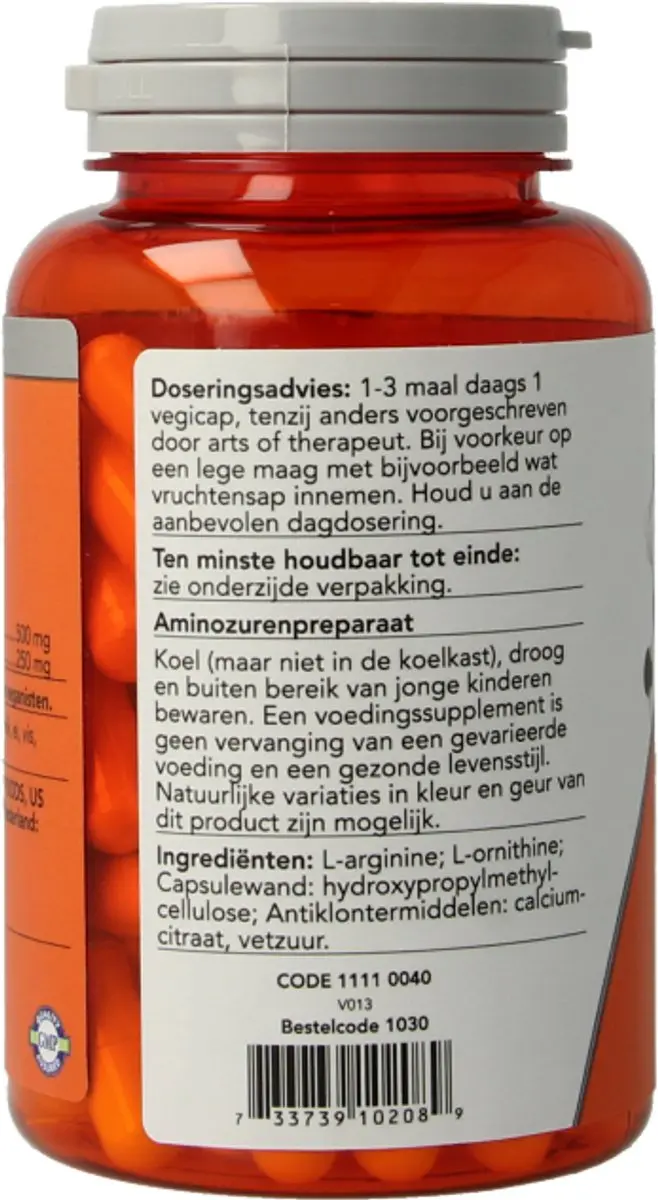 Now Foods Arginine & Ornithine 500/250mg Capsules - 100 Stuks - afbeelding 4 van 6