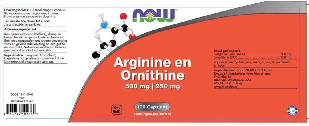 Now Foods Arginine & Ornithine 500/250mg Capsules - 100 Stuks - afbeelding 6 van 6