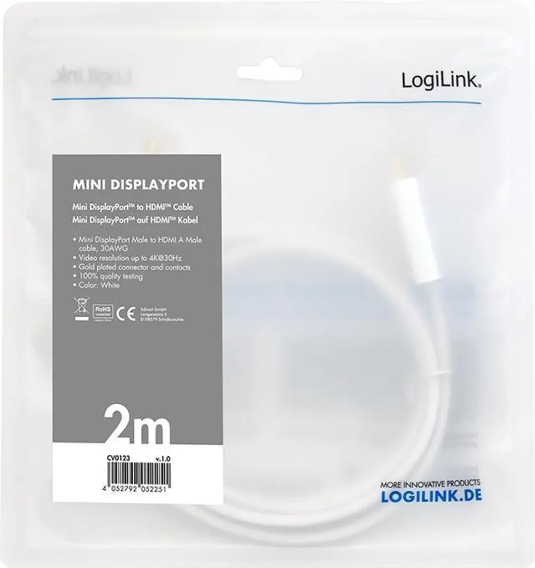 Logilink CV0123 Mini DisplayPort naar HDMI Adapter 2m - Wit - afbeelding 3 van 3