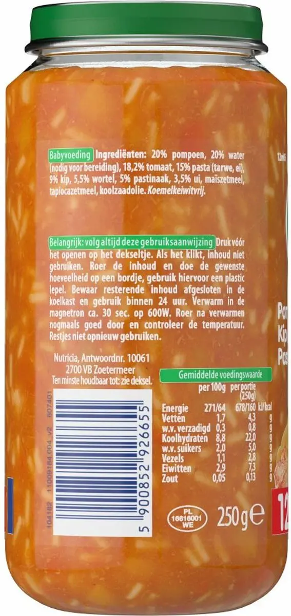 Olvarit Pompoen Kip Pasta 250g