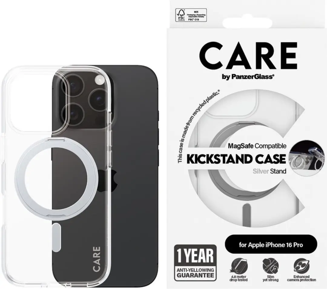 PanzerGlass CARE Feature Case iPhone 16 Pro 1326 - Transparant - Zilver Kickstand & MagSafe - afbeelding 4 van 6