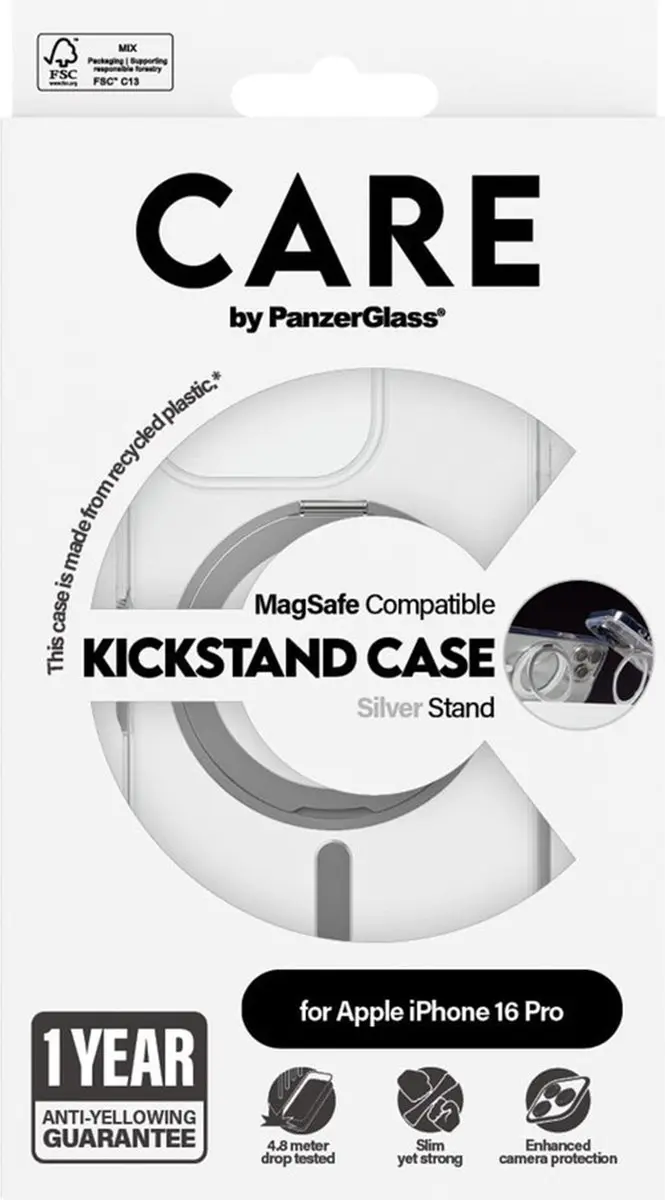 PanzerGlass CARE Feature Case iPhone 16 Pro 1326 - Transparant - Zilver Kickstand & MagSafe - afbeelding 5 van 6