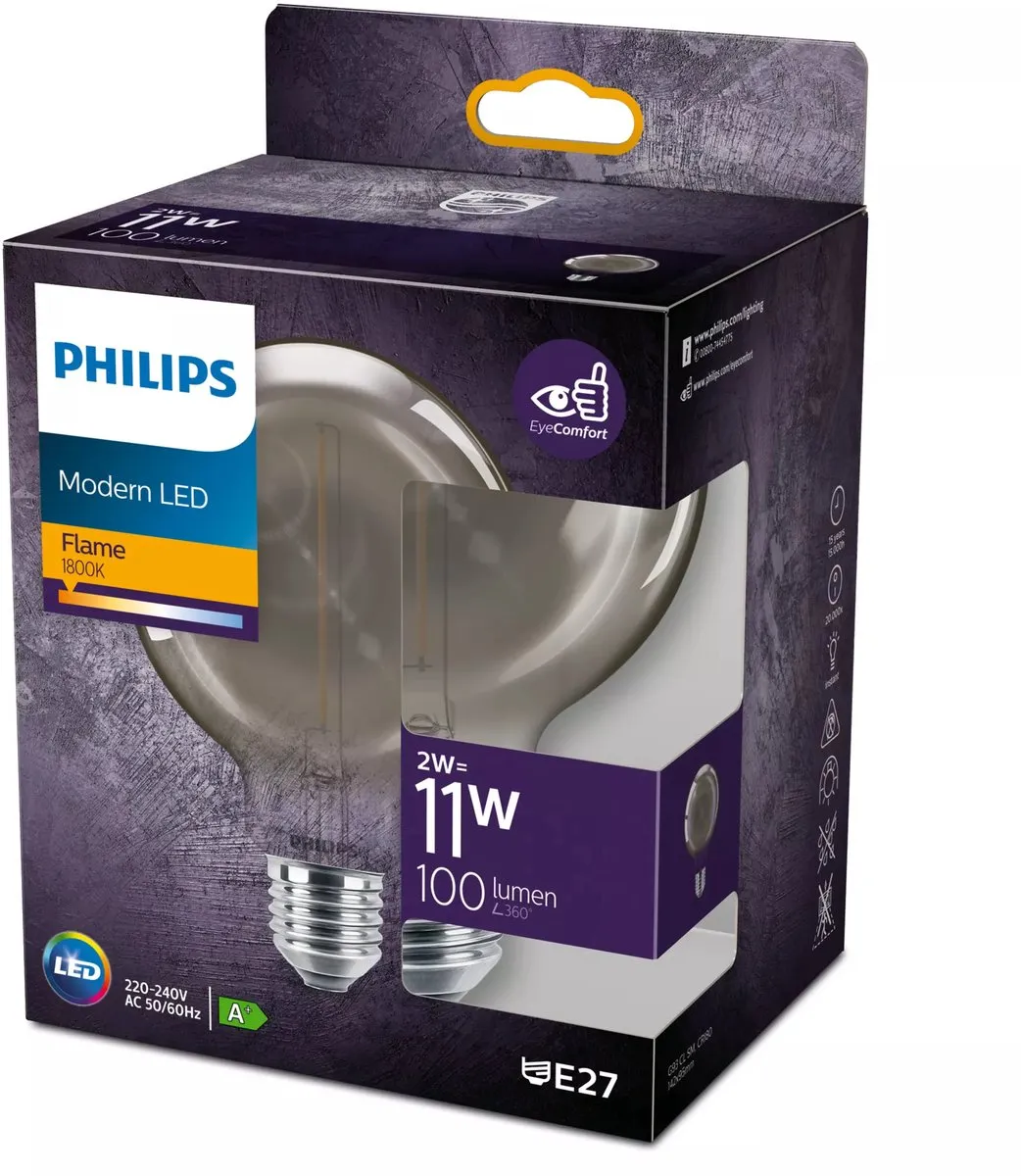 Philips Modern LED E27 Flame 11W - Warm wit - Helder glas
