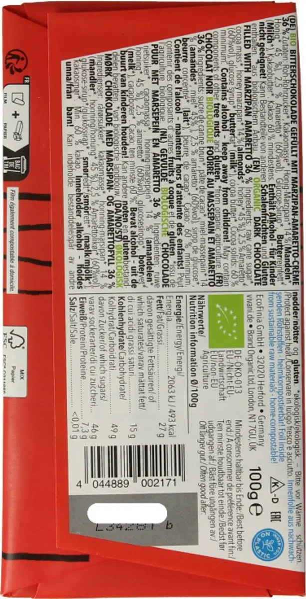 Vivani Chocoladereep Puur Marsepein 100g - afbeelding 2 van 5