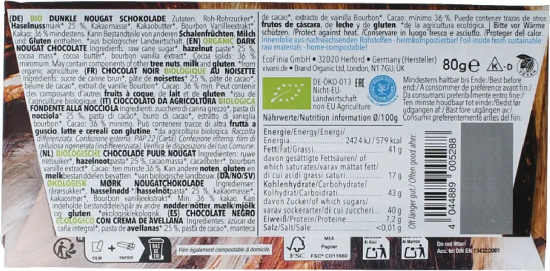 Vivani Dark Nougat Gianduja Bio 80g
