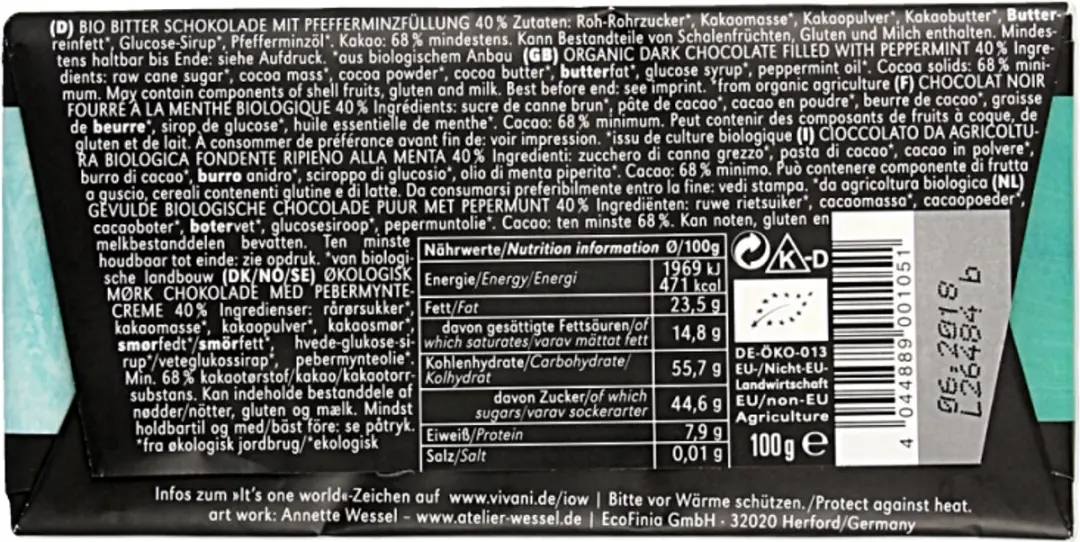 Vivani Chocoladereep Puur Pepermunt 100g - afbeelding 2 van 6