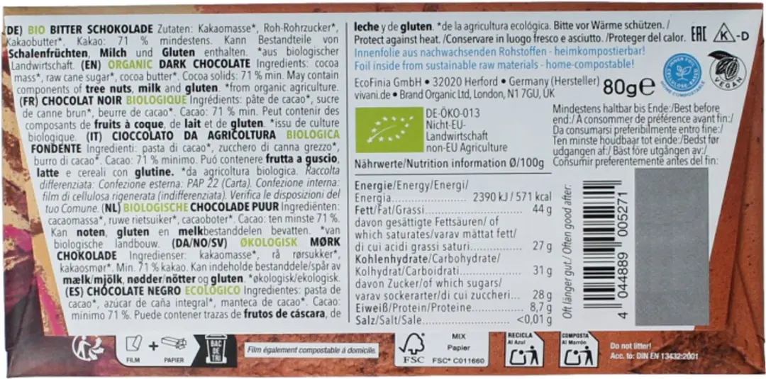 Vivani Chocolate Dark 71% Bio 80g