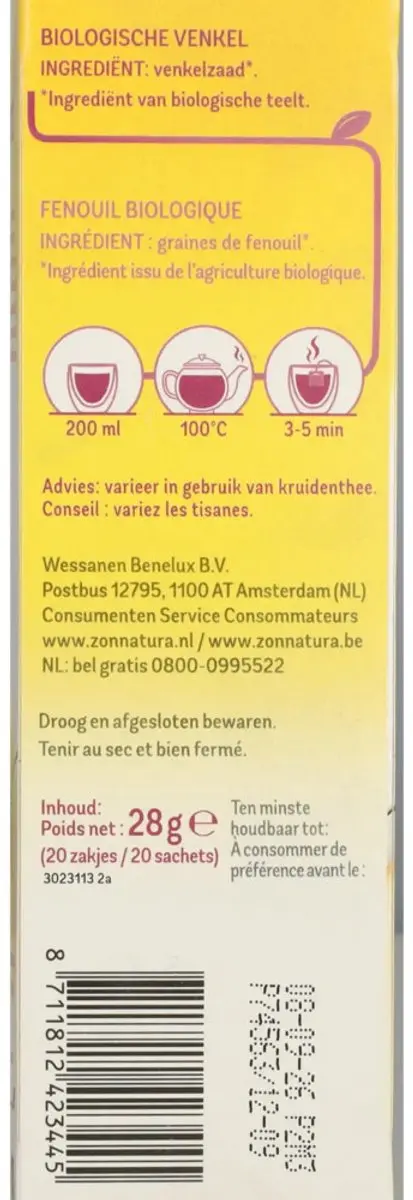 Zonnatura Thee Venkel Bio - 20 Stuks