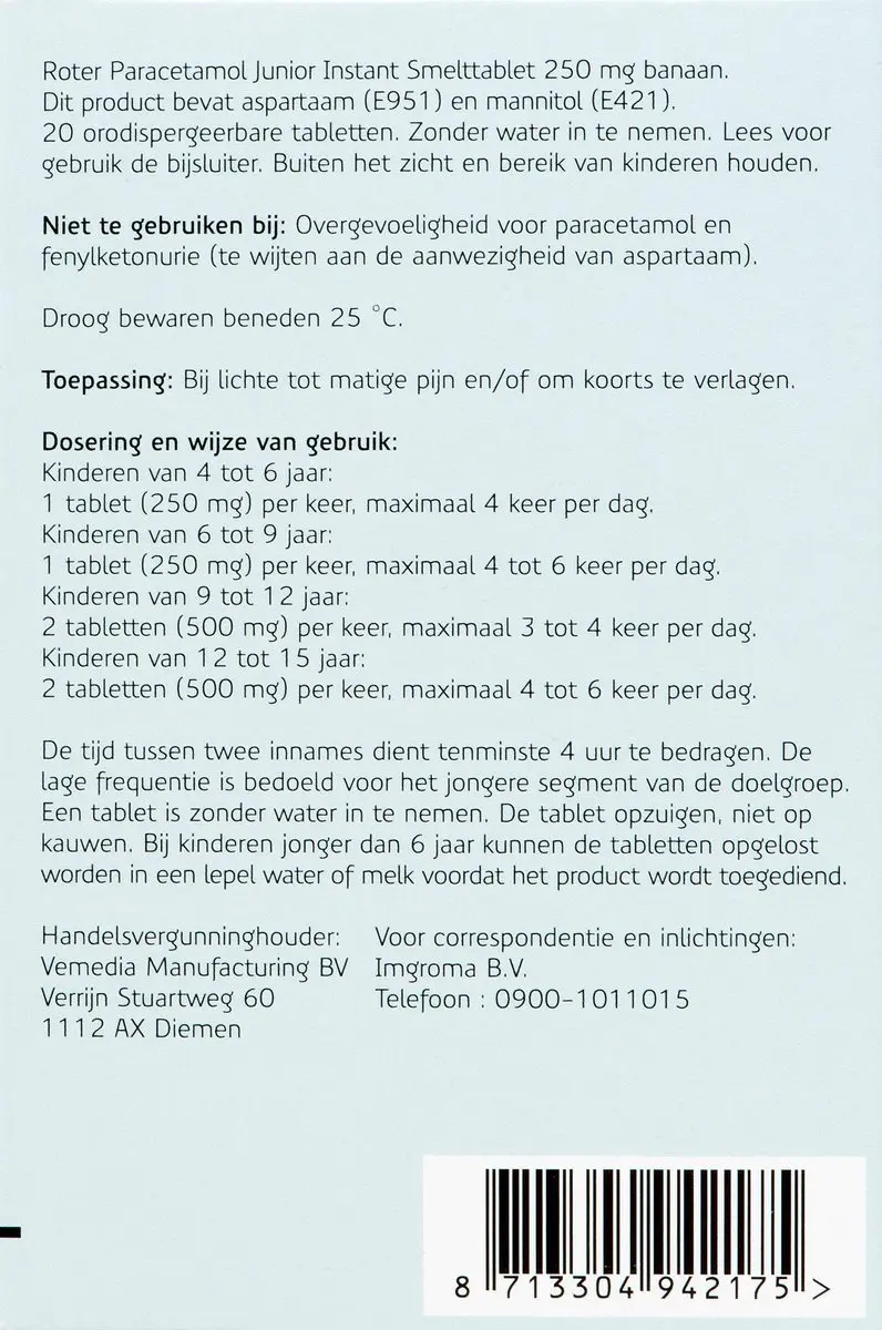 Roter Paracetamol Smelttablet Junior 250mg - 20 Stuks