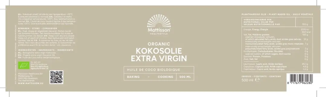 Mattisson HealthStyle Kokosolie Biologisch 500ml - Extra Virgin