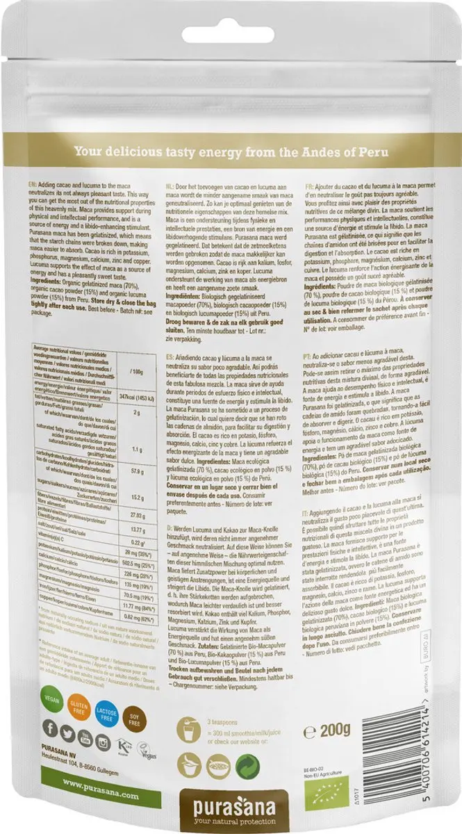 Purasana Maca & Cacao Poedermix Bio 200g