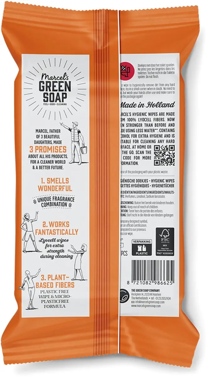 Marcel's Green Soap Hygiënedoekjes Sinaasappel & Jasmijn 60 Stuks - afbeelding 2 van 2