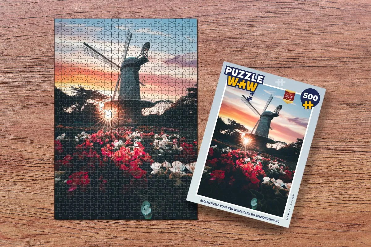 PuzzleWow Bloemenveld Windmolen Zonsondergang Legpuzzel 500 Stuks - Multicolor