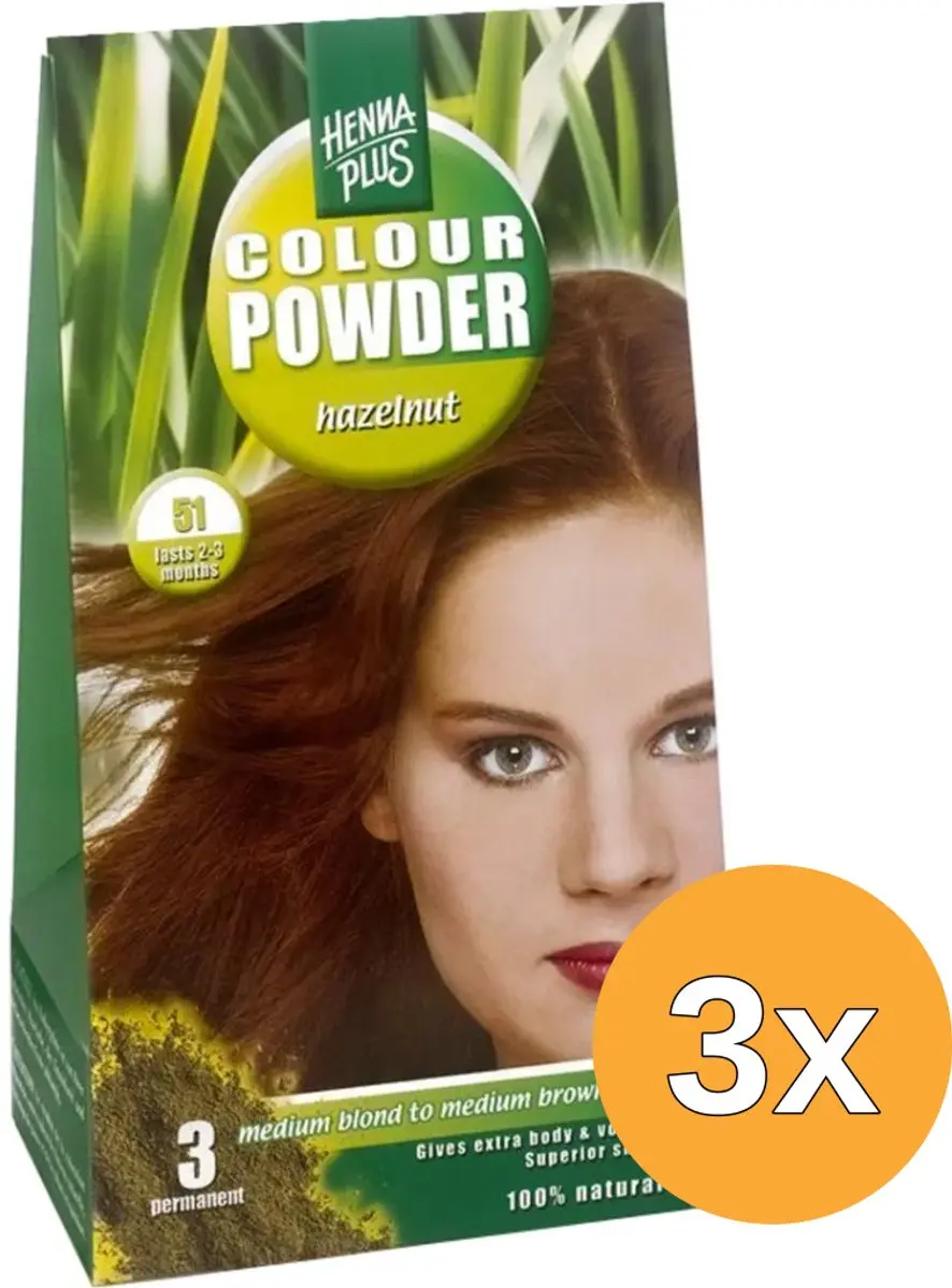 3x Hennaplus Colour powder 51 hazelnut (100 gr)