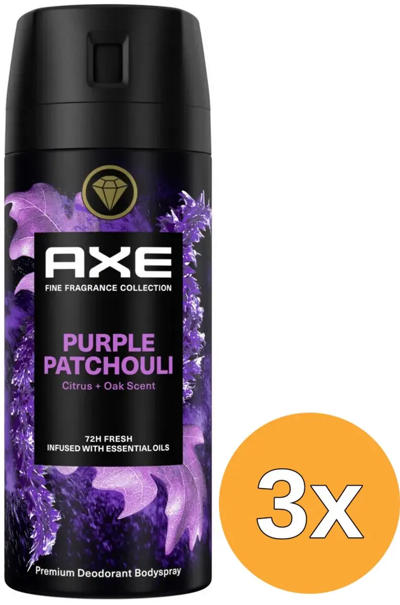 3x Axe Body Spray Purple Patchouli (150 ml)