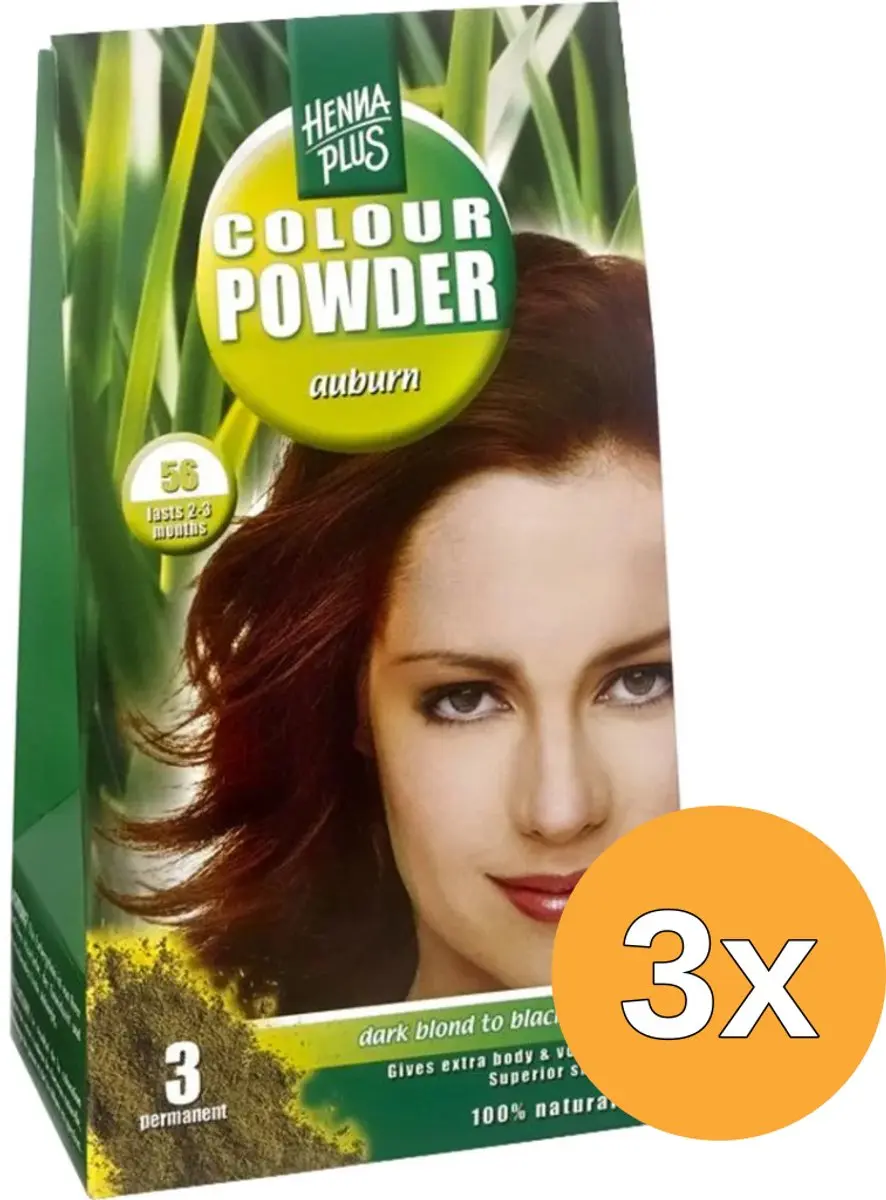 3x Hennaplus Colour Powder 56 Auburn (100 gr)