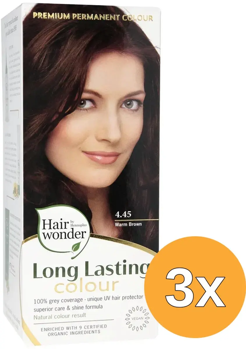 3x Hairwonder Long Lasting Colour 4.45 Warm Brown (100 ml)