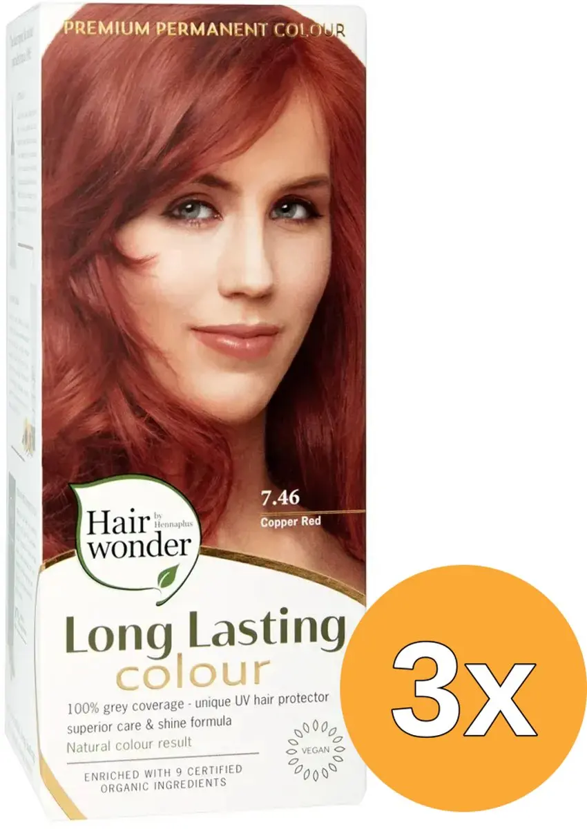 3x Hairwonder Long lasting colour 7.46 copper red (100 ml)