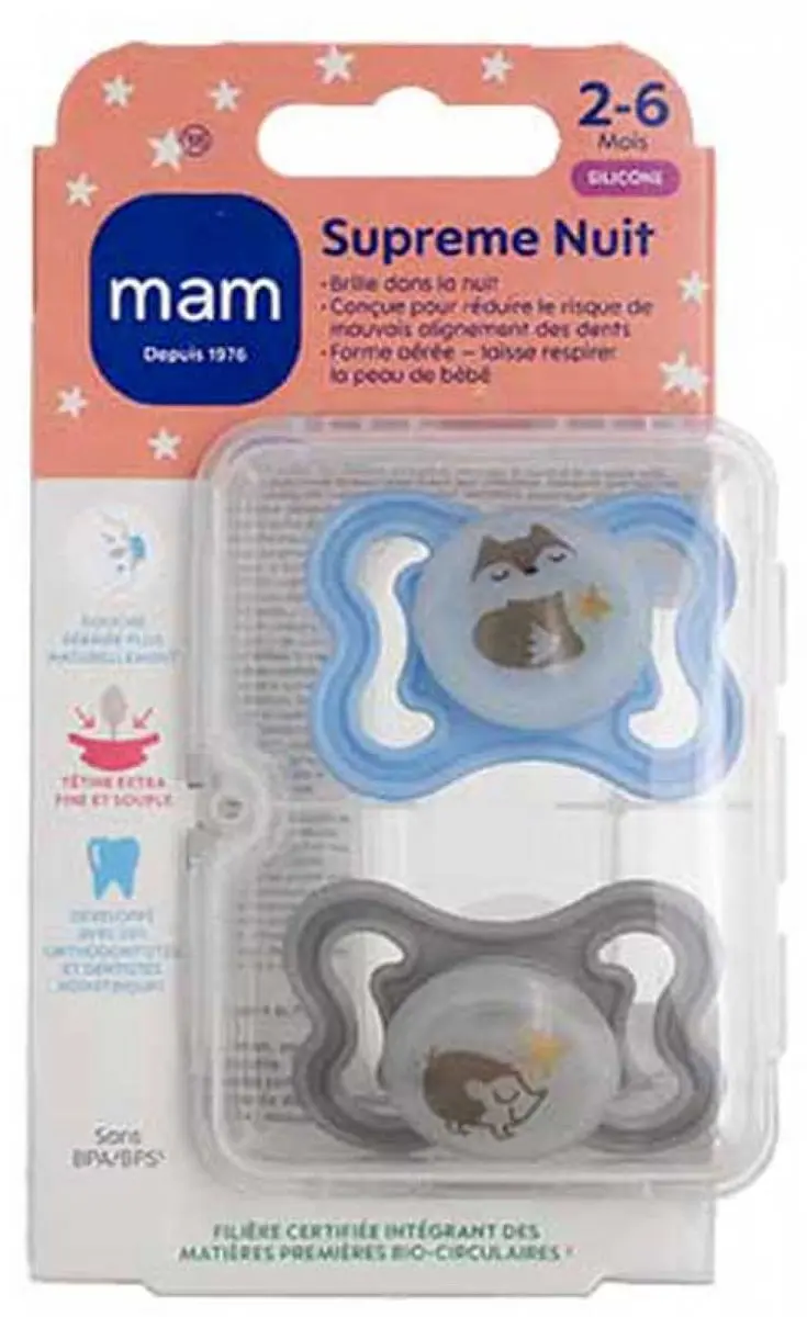 MAM 2 Spenen Supreme Nacht 2-6 Maanden (Modellen : Vos en egel)
