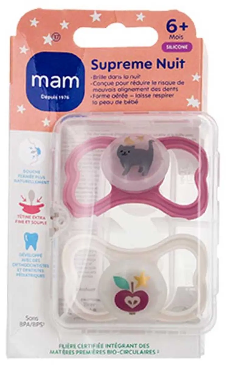 MAM 2 Supreme NachtSpenen 6 Maanden en Ouder (Kleur : Roze kat en beige appel)