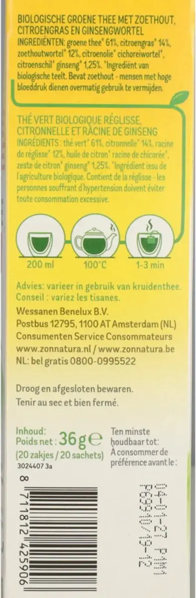 Zonnatura Groene Thee Bio Ginseng 20 Stuks