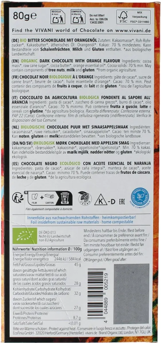 Vivani Fine Dark Sinaasappel 70% Cacao Bio 80g