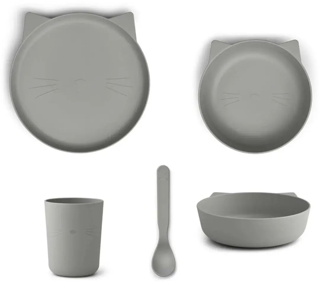 Liewood Paul kinderservies set van PLA "Cat dove blue", 4-delig, biologisch kuns