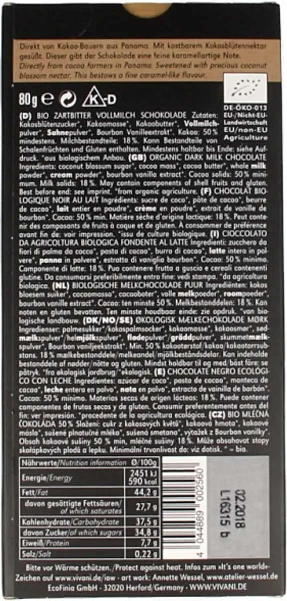 Vivani Melk Dark Milk Chocoladereep 80g - afbeelding 2 van 6