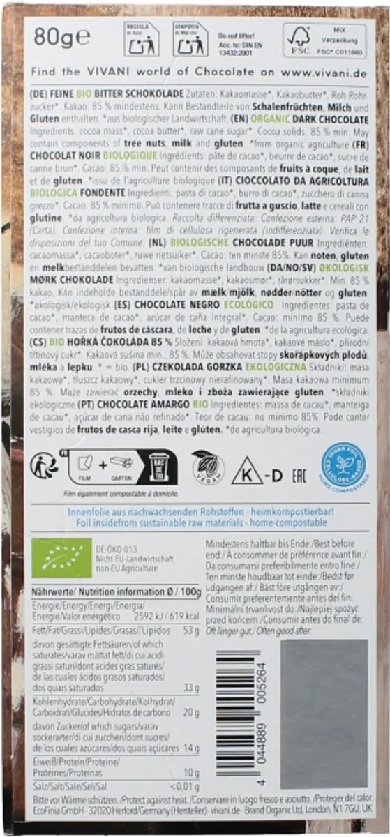 Vivani Fine Dark 85% Cacao Santo Domingo Bio 80g - afbeelding 2 van 2