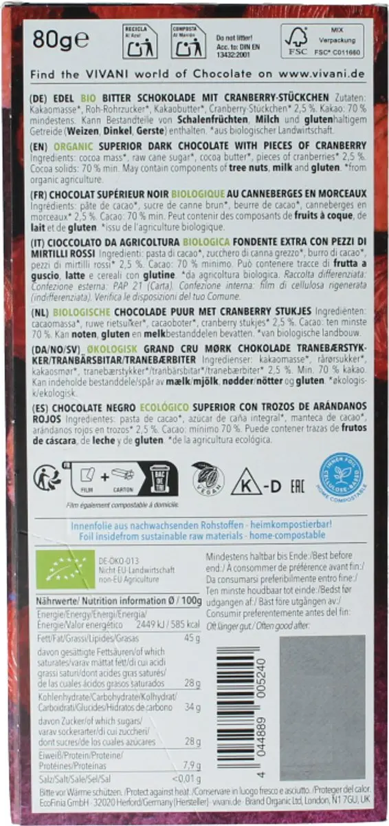 Vivani Superior Dark Cranberry 70% Bio 80g